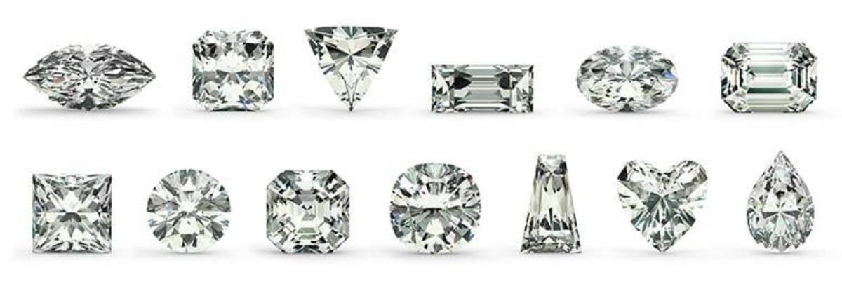 Présentation des principales formes de diamants : rond, ovale, princesse, coussin, poire, marquise, cœur, émeraude… pour choisir une bague de fiançailles.